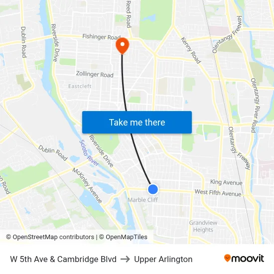 W 5th Ave & Cambridge Blvd to Upper Arlington map