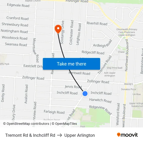 Tremont Rd & Inchcliff Rd to Upper Arlington map