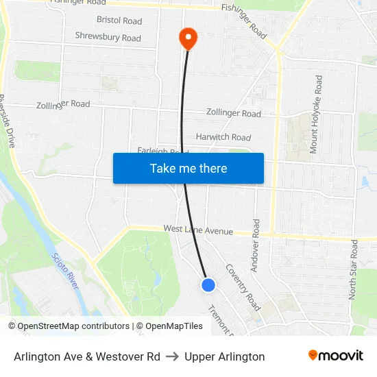 Arlington Ave & Westover Rd to Upper Arlington map