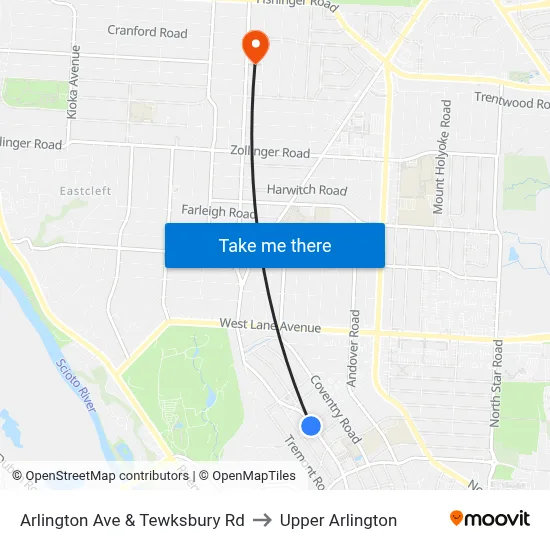 Arlington Ave & Tewksbury Rd to Upper Arlington map