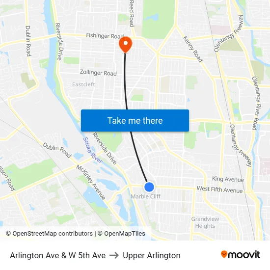 Arlington Ave & W 5th Ave to Upper Arlington map