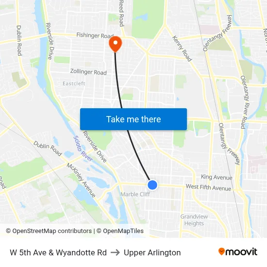 W 5th Ave & Wyandotte Rd to Upper Arlington map