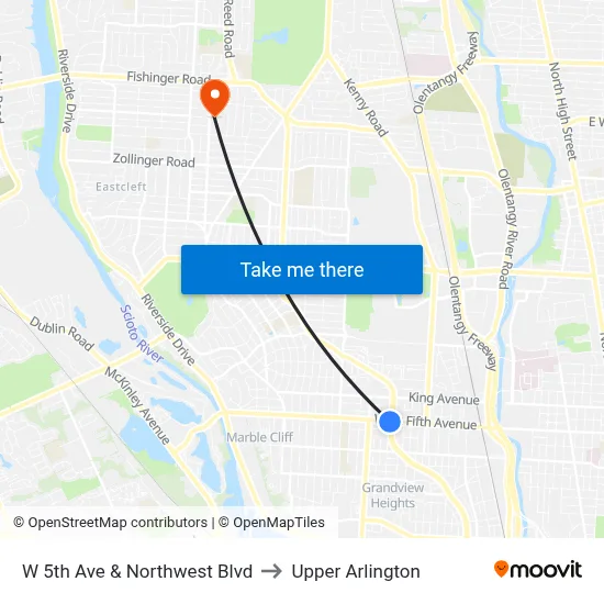 W 5th Ave & Northwest Blvd to Upper Arlington map