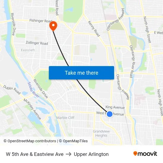 W 5th Ave & Eastview Ave to Upper Arlington map
