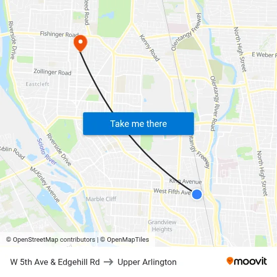 W 5th Ave & Edgehill Rd to Upper Arlington map