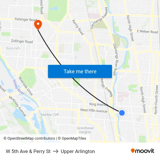 W 5th Ave & Perry St to Upper Arlington map