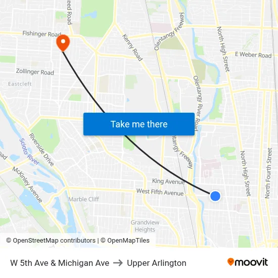 W 5th Ave & Michigan Ave to Upper Arlington map