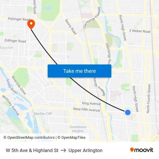 W 5th Ave & Highland St to Upper Arlington map