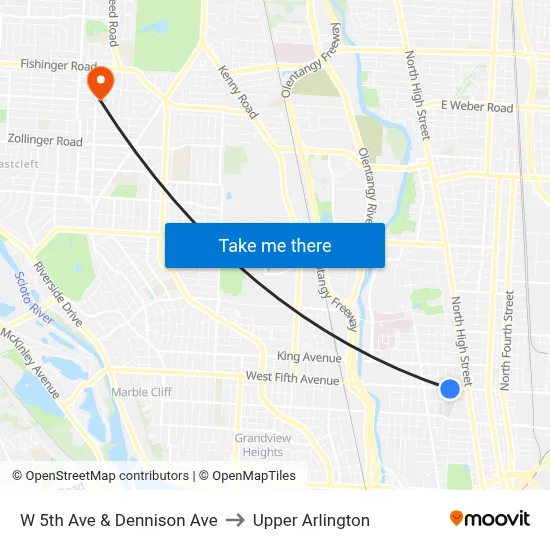 W 5th Ave & Dennison Ave to Upper Arlington map