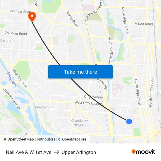 Neil Ave & W 1st Ave to Upper Arlington map