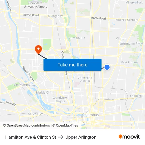 Hamilton Ave & Clinton St to Upper Arlington map