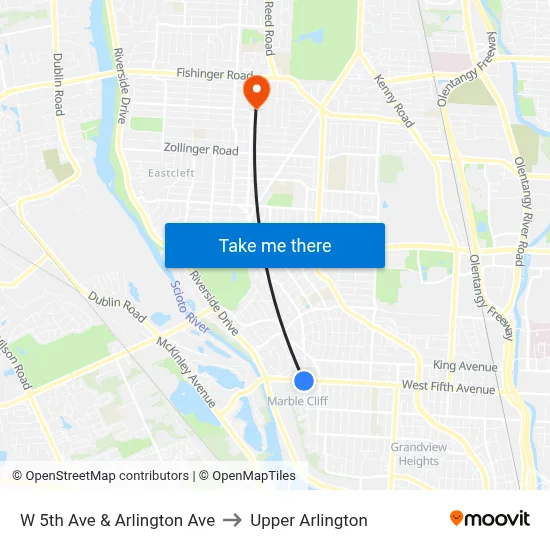 W 5th Ave & Arlington Ave to Upper Arlington map