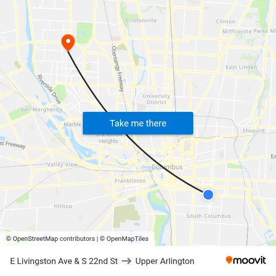 E Livingston Ave & S 22nd St to Upper Arlington map