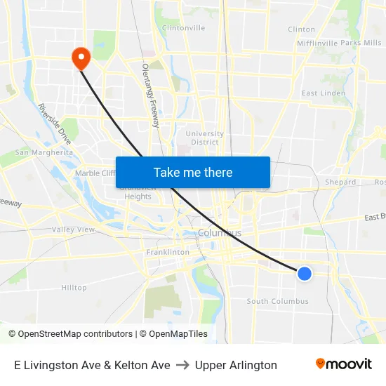E Livingston Ave & Kelton Ave to Upper Arlington map