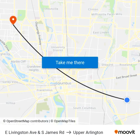 E Livingston Ave & S James Rd to Upper Arlington map