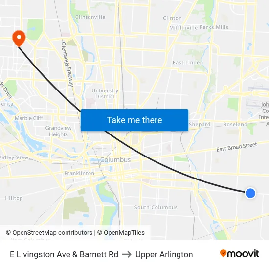 E Livingston Ave & Barnett Rd to Upper Arlington map