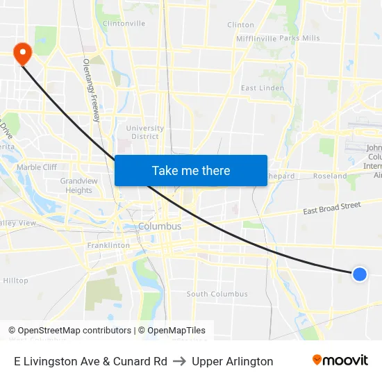 E Livingston Ave & Cunard Rd to Upper Arlington map