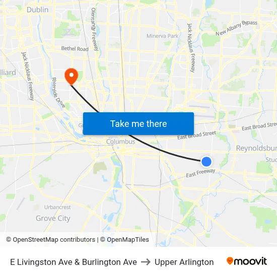 E Livingston Ave & Burlington Ave to Upper Arlington map
