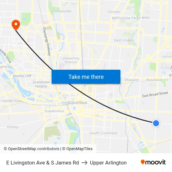 E Livingston Ave & S James Rd to Upper Arlington map