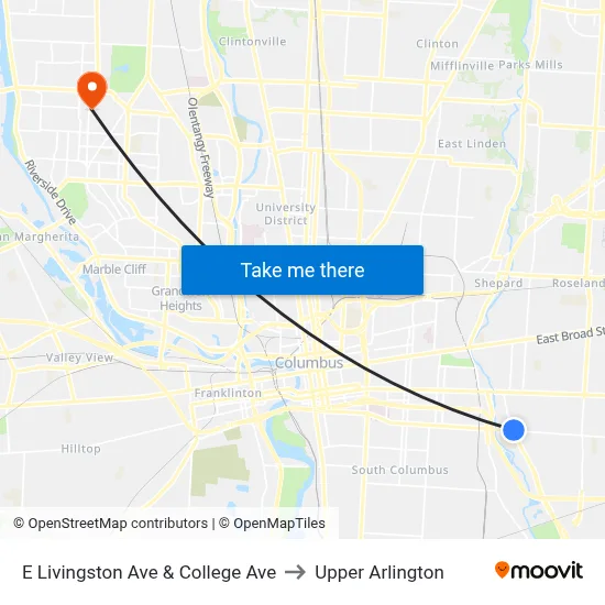 E Livingston Ave & College Ave to Upper Arlington map
