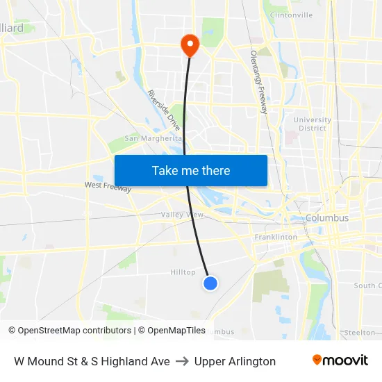 W Mound St & S Highland Ave to Upper Arlington map