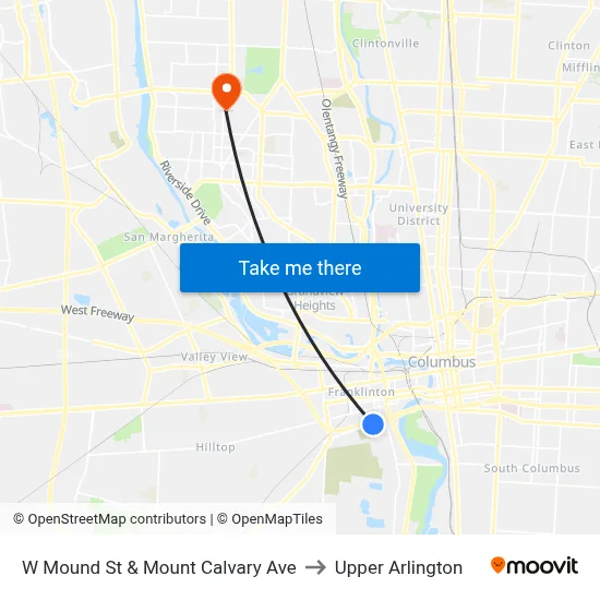 W Mound St & Mount Calvary Ave to Upper Arlington map