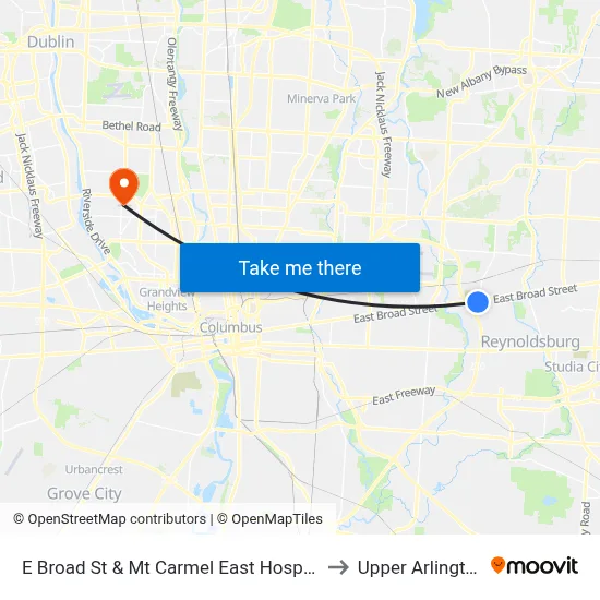 E Broad St & Mt Carmel East Hospital to Upper Arlington map