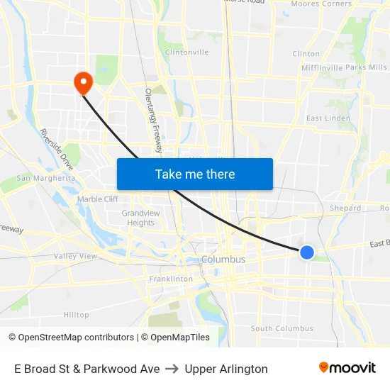 E Broad St & Parkwood Ave to Upper Arlington map