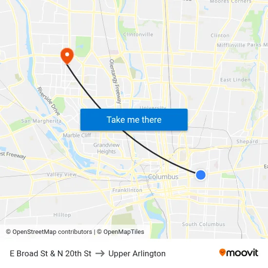 E Broad St & N 20th St to Upper Arlington map
