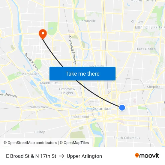 E Broad St & N 17th St to Upper Arlington map