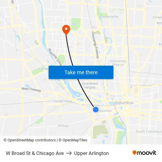 W Broad St & Chicago Ave to Upper Arlington map