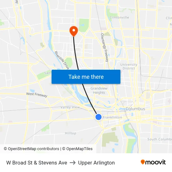 W Broad St & Stevens Ave to Upper Arlington map