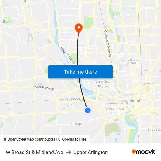 W Broad St & Midland Ave to Upper Arlington map