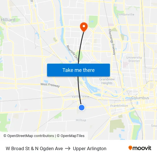 W Broad St & N Ogden Ave to Upper Arlington map