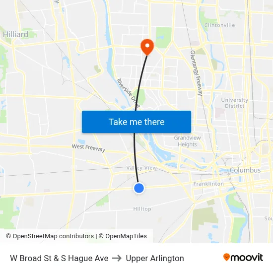 W Broad St & S Hague Ave to Upper Arlington map