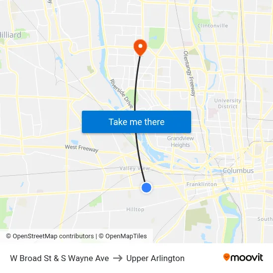 W Broad St & S Wayne Ave to Upper Arlington map