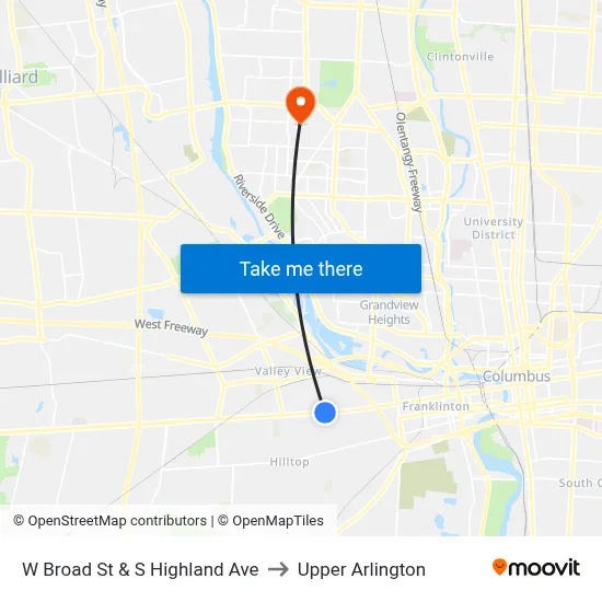 W Broad St & S Highland Ave to Upper Arlington map