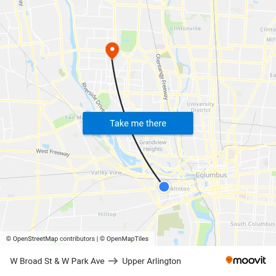 W Broad St & W Park Ave to Upper Arlington map