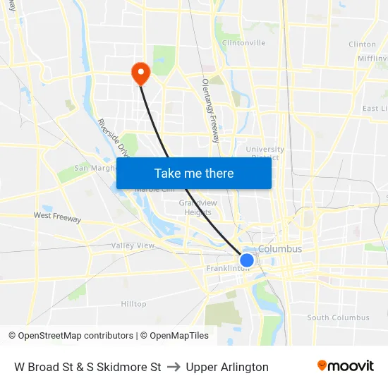 W Broad St & S Skidmore St to Upper Arlington map