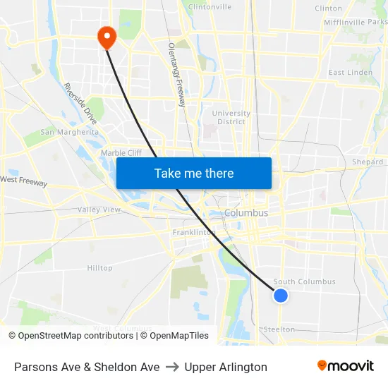 Parsons Ave & Sheldon Ave to Upper Arlington map