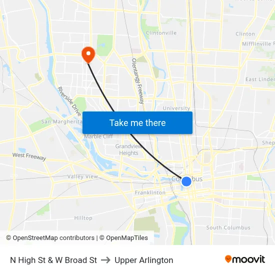 N High St & W Broad St to Upper Arlington map