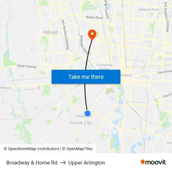Broadway & Home Rd to Upper Arlington map