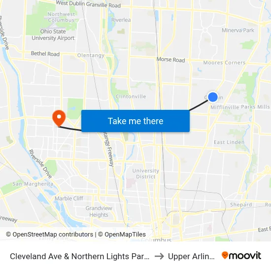 Cleveland Ave & Northern Lights Park & Ride to Upper Arlington map