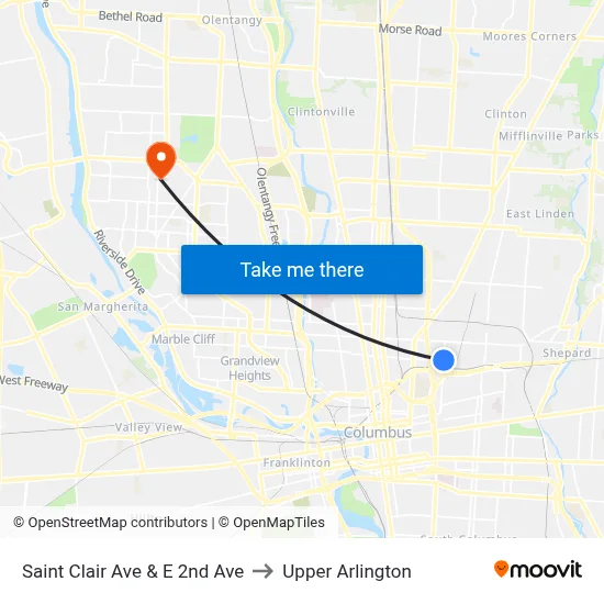 Saint Clair Ave & E 2nd Ave to Upper Arlington map