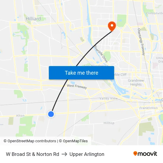 W Broad St & Norton Rd to Upper Arlington map