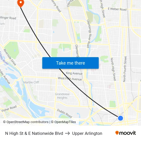 N High St & E Nationwide Blvd to Upper Arlington map