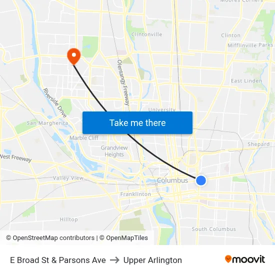 E Broad St & Parsons Ave to Upper Arlington map