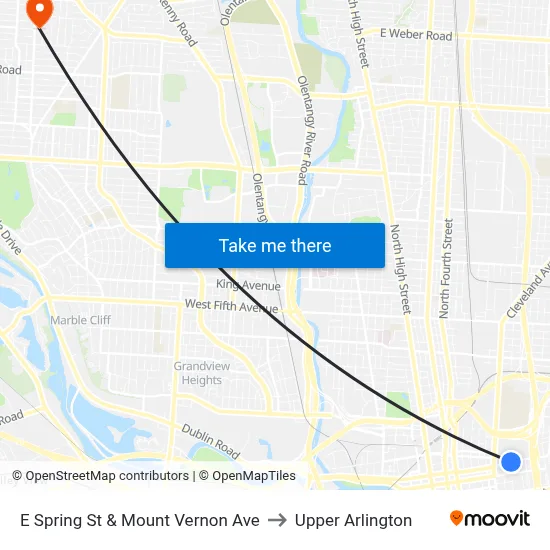 E Spring St & Mount Vernon Ave to Upper Arlington map