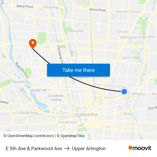 E 5th Ave & Parkwood Ave to Upper Arlington map