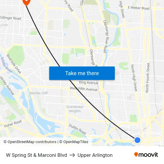 W Spring St & Marconi Blvd to Upper Arlington map